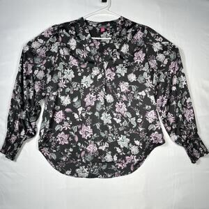 Vince Camuto Women’s Black V-Neck Floral Smocked Cuff Blouse Size Medium